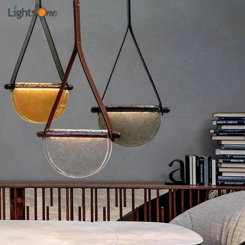 Modern amber & gray handmade leather glass pendant lamp bedroom