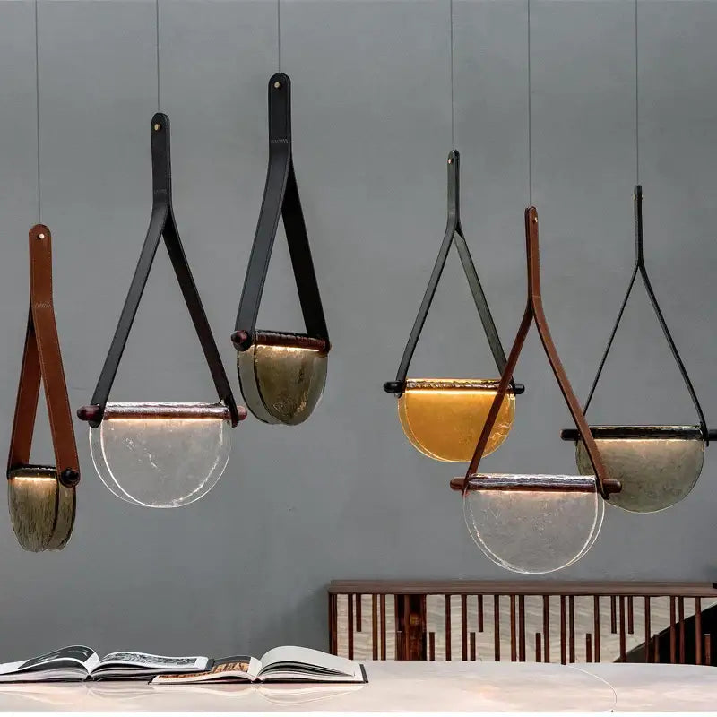 Modern amber & gray handmade leather glass pendant lamp bedroom