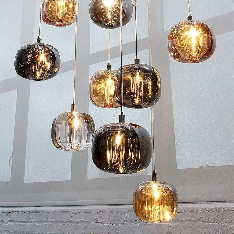 Modern amber & smoky grey crystal staircase chandelier dining room