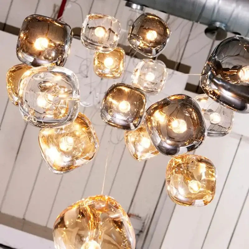 Modern amber & smoky grey crystal staircase chandelier dining room