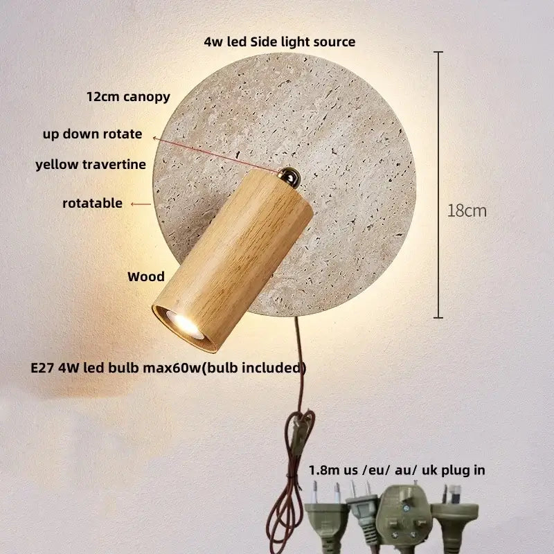 Modern beige travertine copper led wall lamp bedroom light