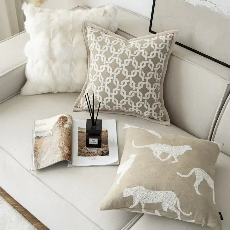 Modern beige & white leaping cat jacquard cushion cover living room