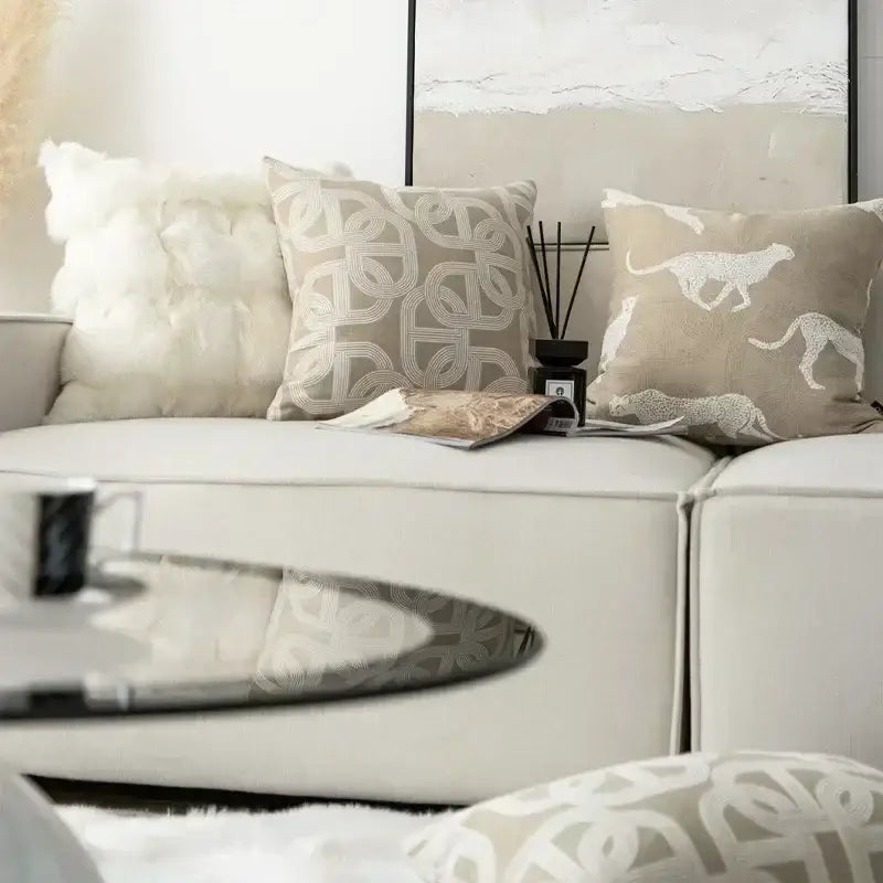 Modern beige & white leaping cat jacquard cushion cover living room