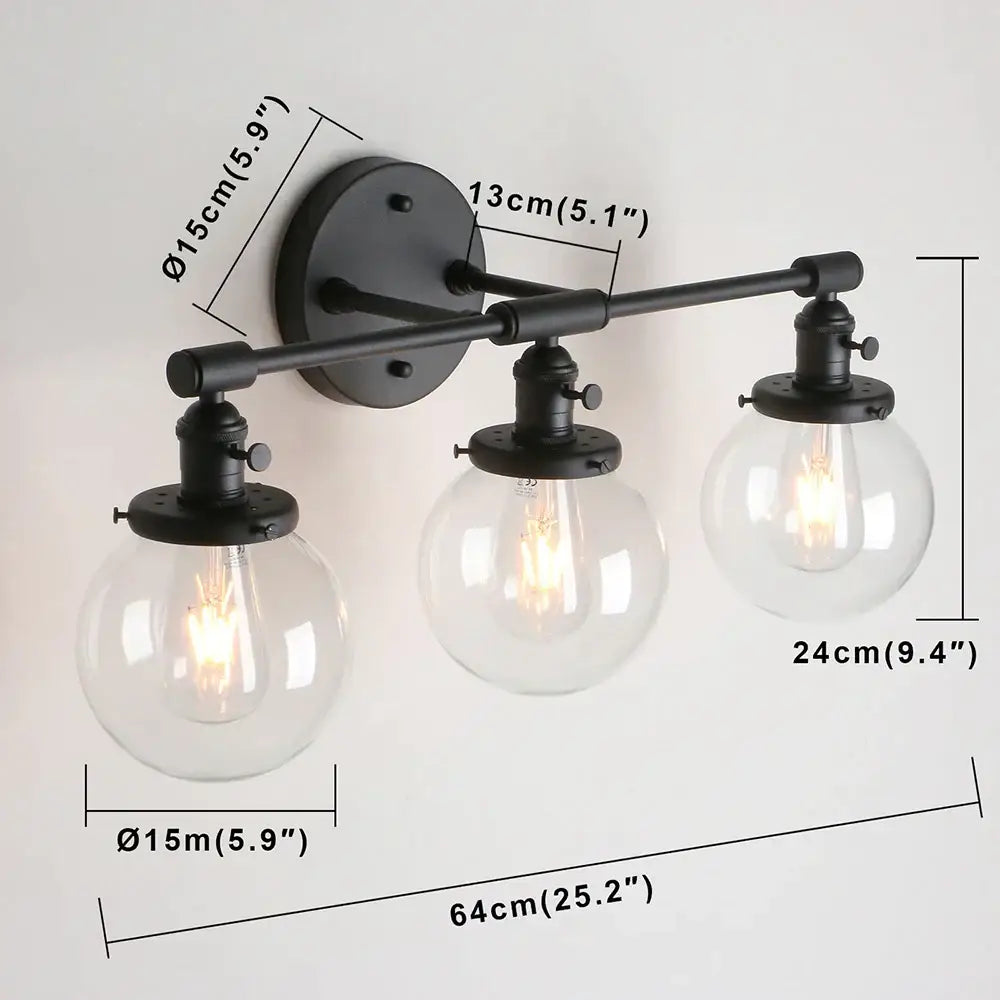 Modern black 3-light glass globe wall sconce bathroom vanity fixture