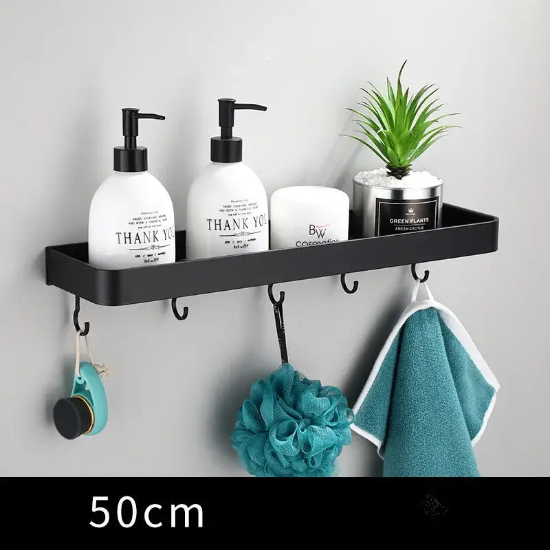 Modern black aluminum bathroom shower shelf with hooks and towel bar