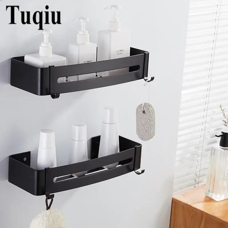 Modern black aluminum corner shelf 3 tier bathroom storage with hooks