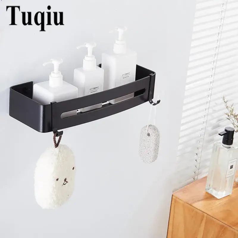 Modern black aluminum corner shelf 3 tier bathroom storage with hooks