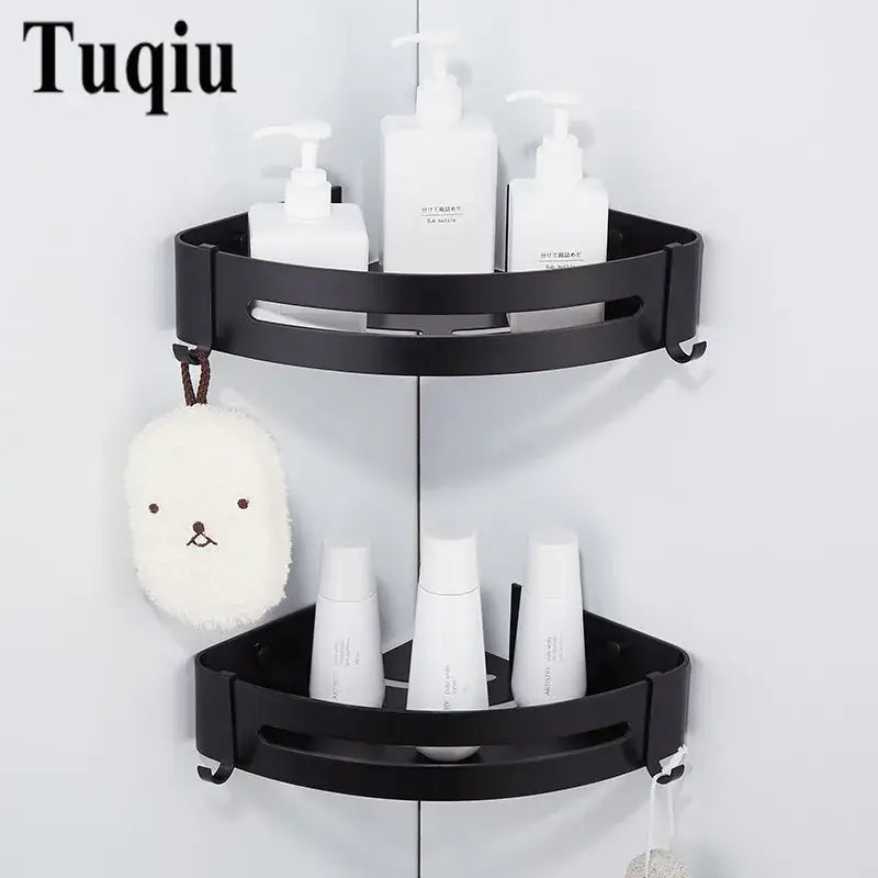 Modern black aluminum corner shelf bathroom storage caddy with hooks
