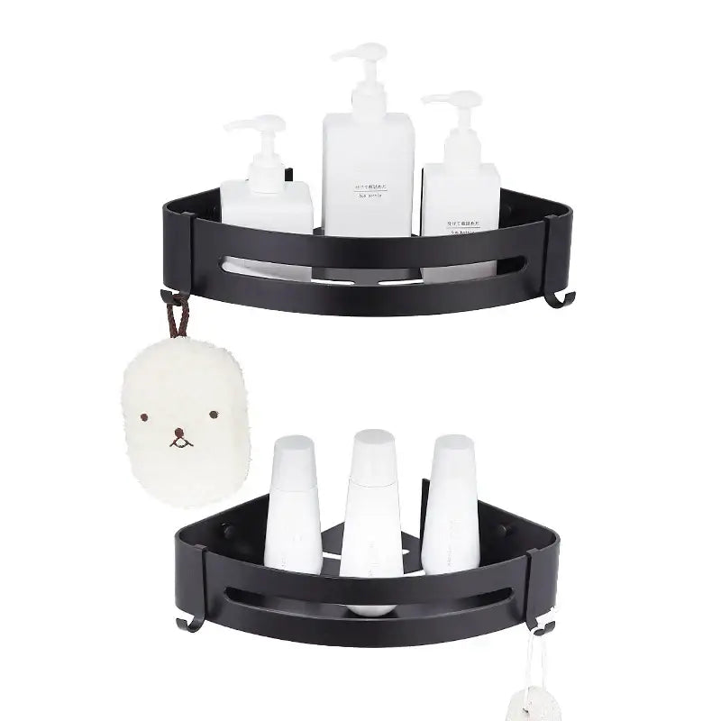 Modern black aluminum corner shelf bathroom storage caddy with hooks
