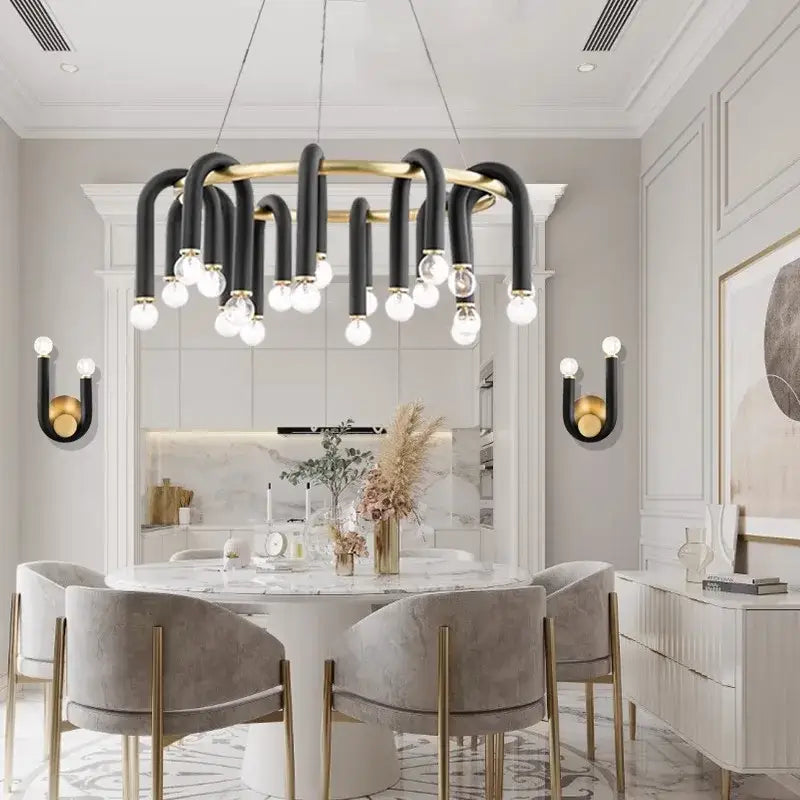 Modern black and brass aluminum tube dimmable chandelier dining room