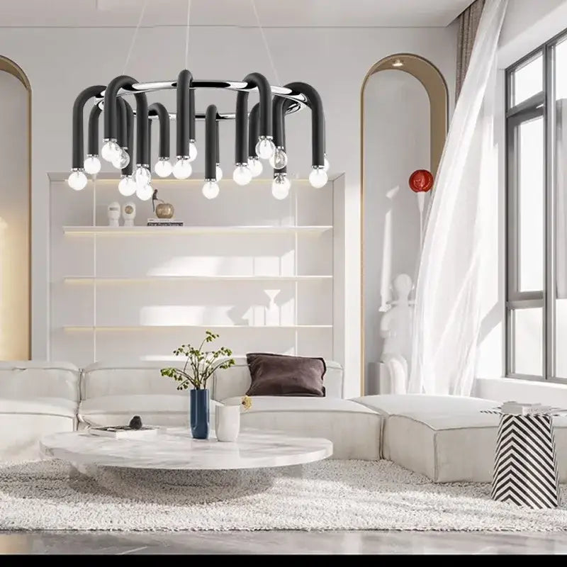 Modern black and brass aluminum tube dimmable chandelier dining room