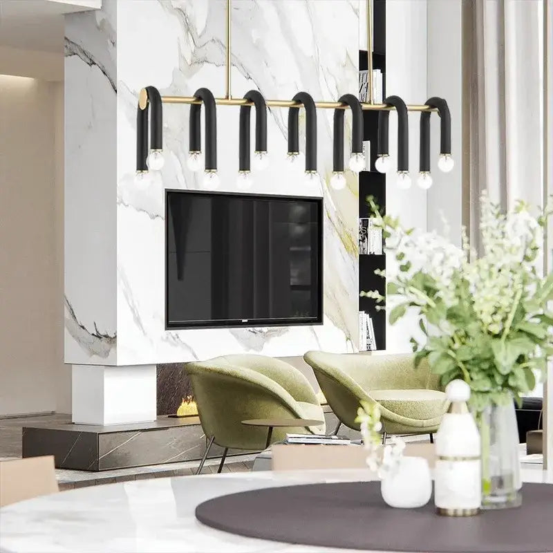Modern black and brass aluminum tube dimmable chandelier dining room