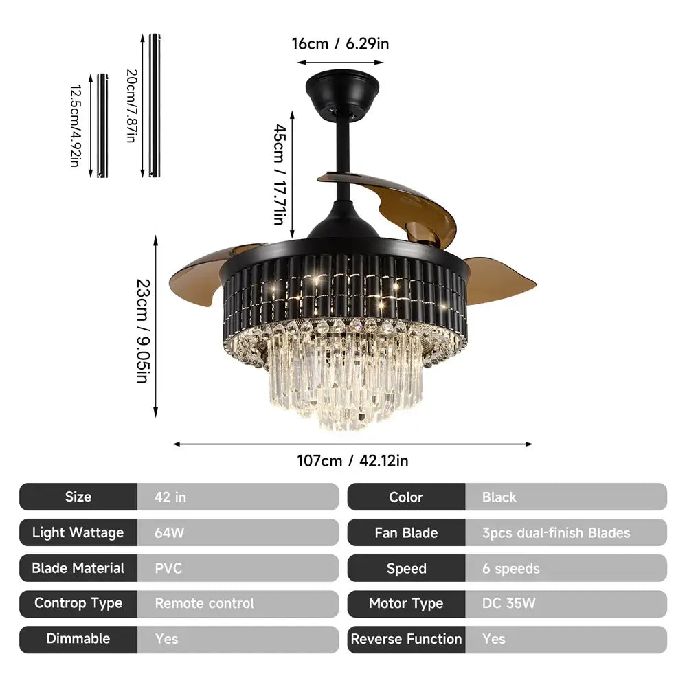 Modern black and bronze crystal fandelier ceiling fan for living room