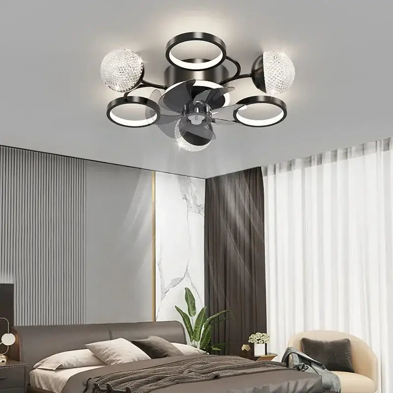 Modern black and crystal led ceiling fan with lights bedroom
