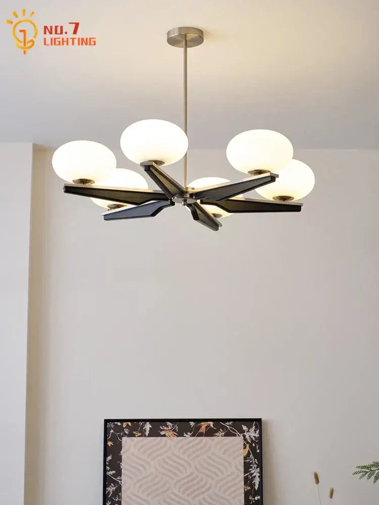 Modern black & brass cream wood led chandelier living room light