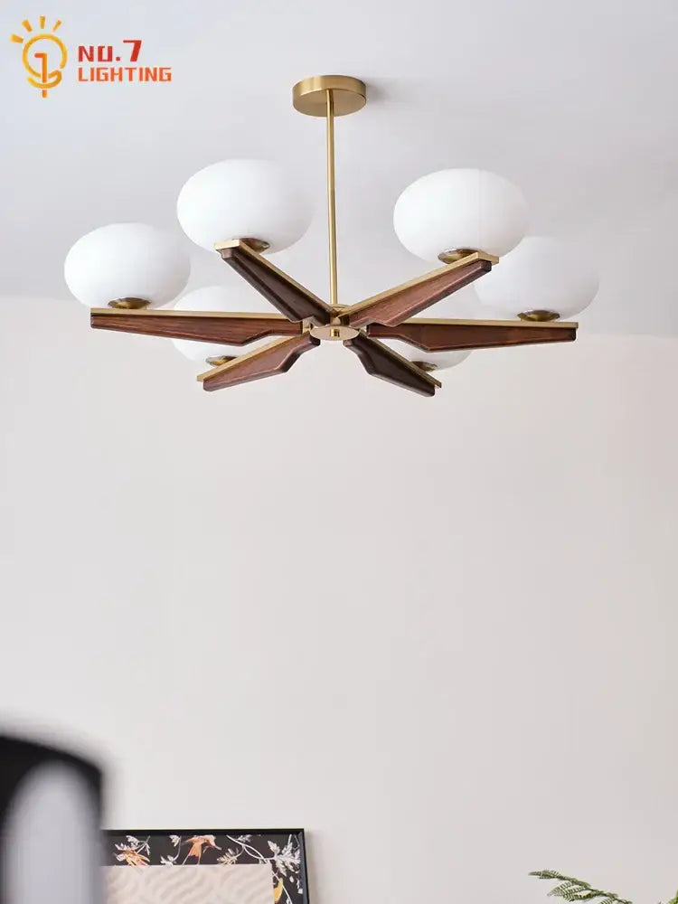 Modern black & brass cream wood led chandelier living room light