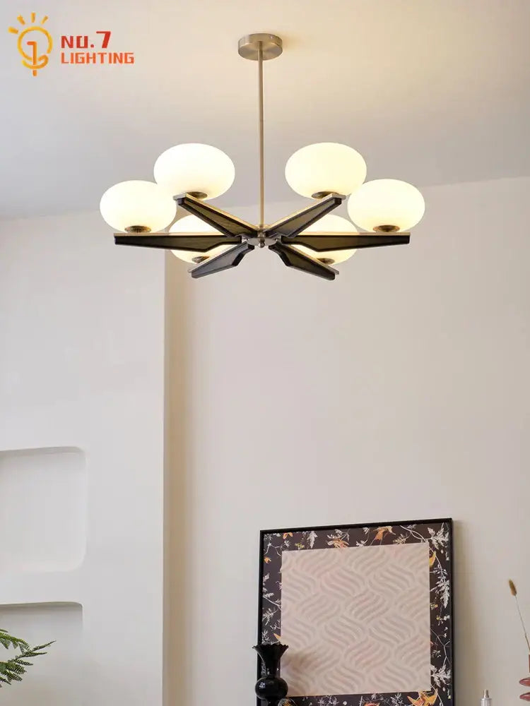 Modern black & brass cream wood led chandelier living room light