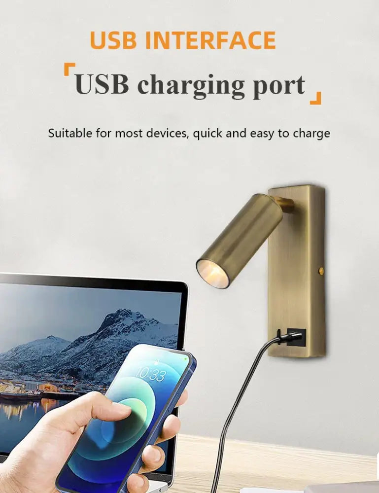Modern black brass led wall lamp bedroom reading light with usb port