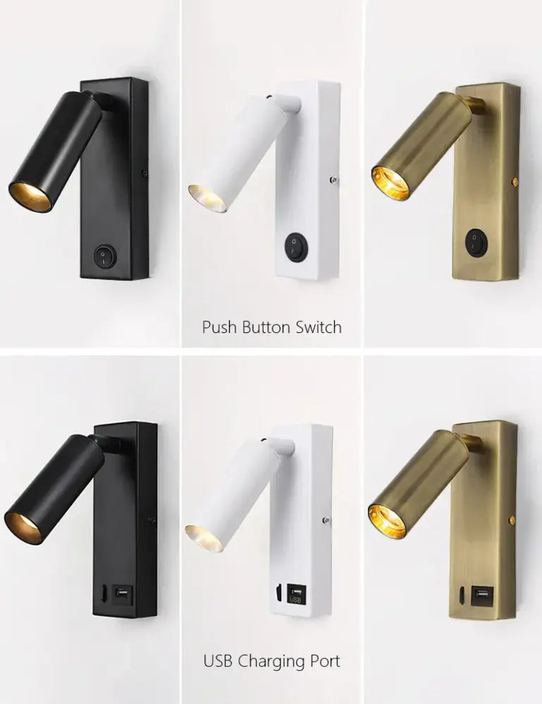 Modern black brass led wall lamp bedroom reading light with usb port