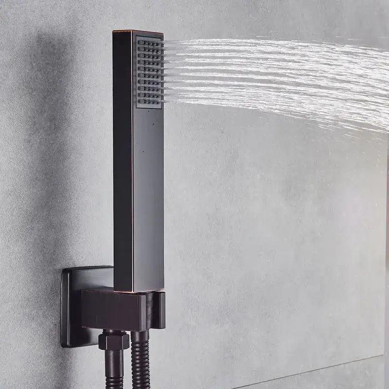 Modern black brass shower faucet with rainfall head for bathroom