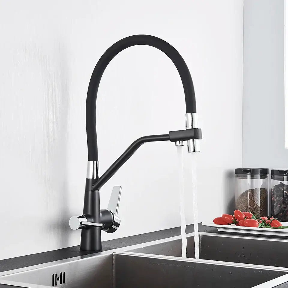 Modern black & chrome dual spout filter faucet kitchen tap