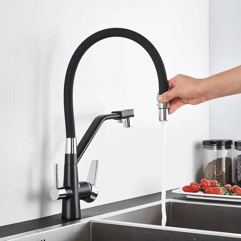 Modern black & chrome dual spout filter faucet kitchen tap