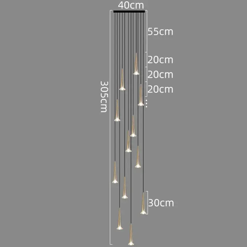 Modern black conical crystal led staircase chandelier stairwell light
