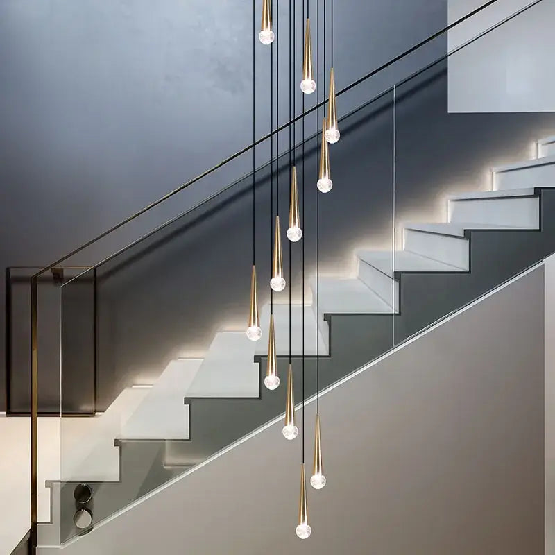 Modern black conical crystal led staircase chandelier stairwell light