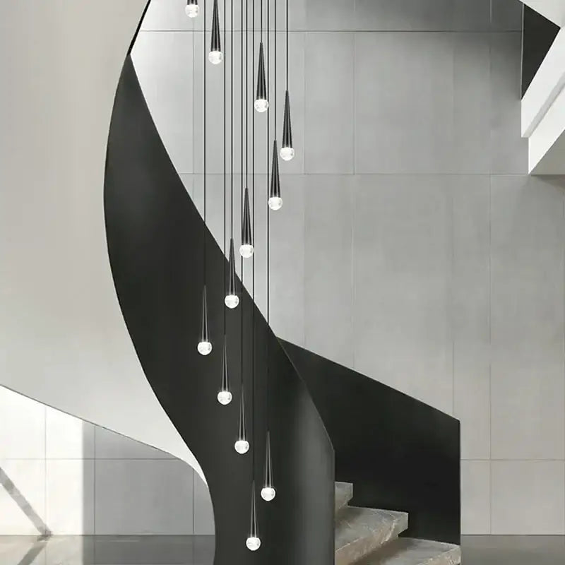 Modern black conical crystal led staircase chandelier stairwell light