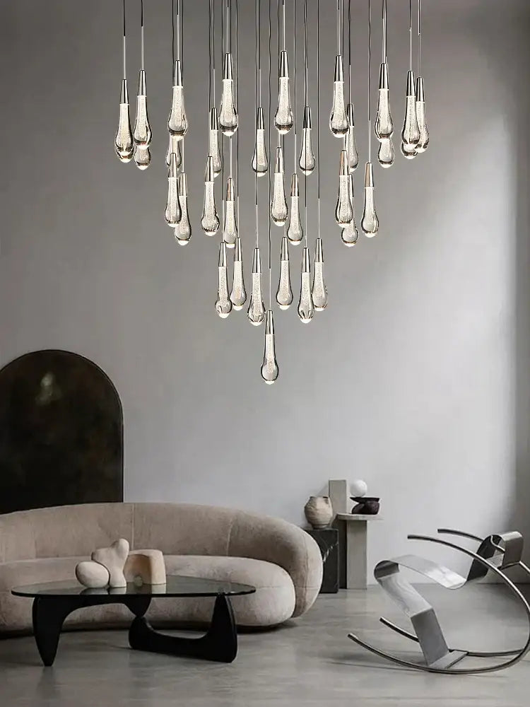 Modern black crystal water-drop chandelier light fixture stairwell