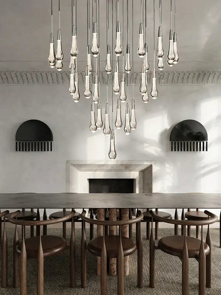 Modern black crystal water-drop chandelier light fixture stairwell