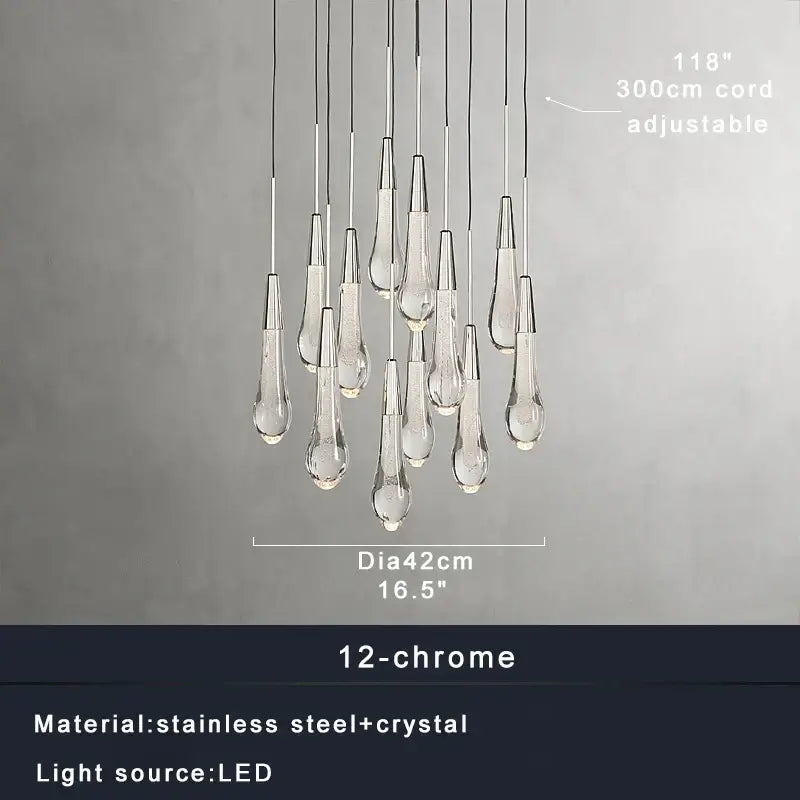 Modern black crystal water-drop chandelier light fixture stairwell