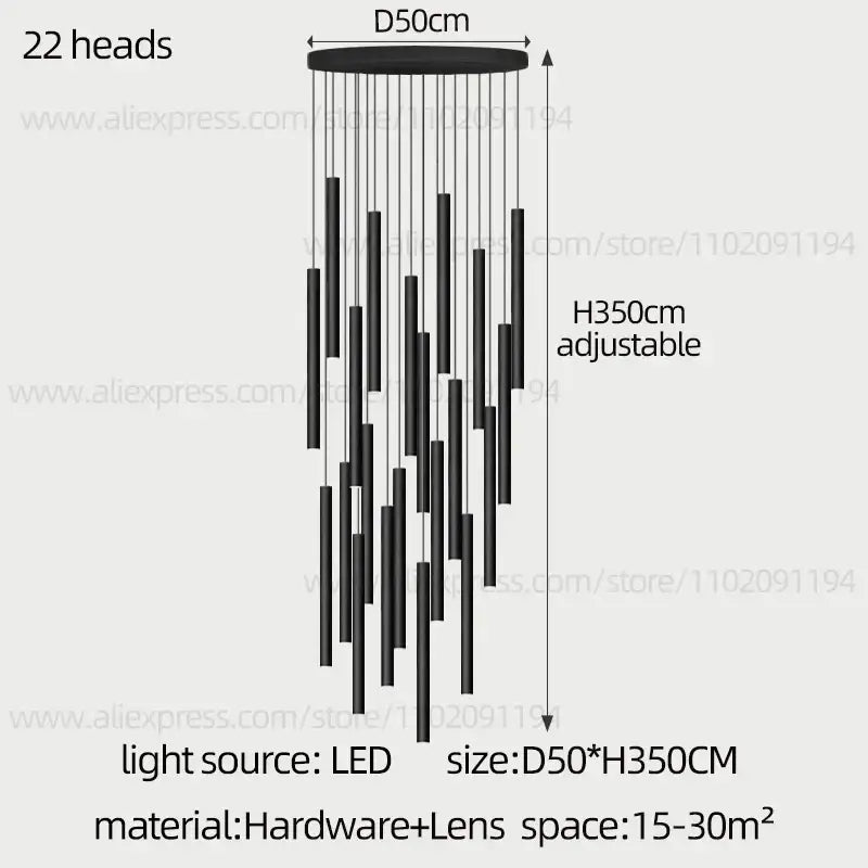Modern black cylindrical led staircase chandelier suspension light