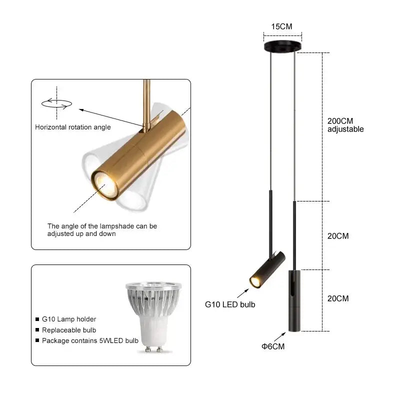 Modern black cylindrical pendant light bedroom adjustable spotlight
