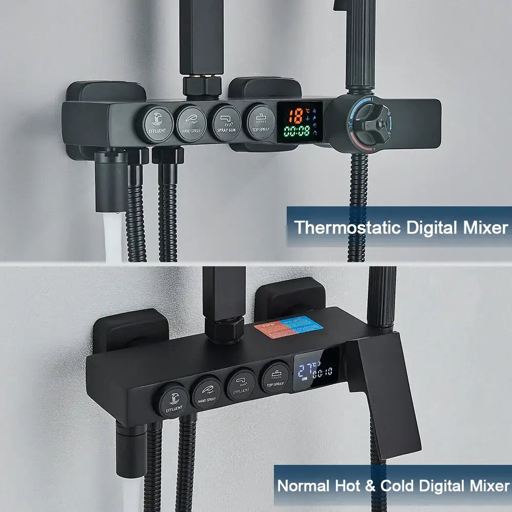 Modern black digital shower system with rainfall head and bidet – bathroom