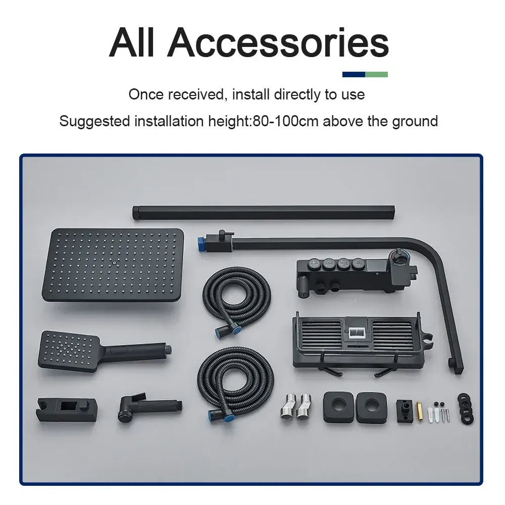 Modern black digital shower system with rainfall head and bidet – bathroom