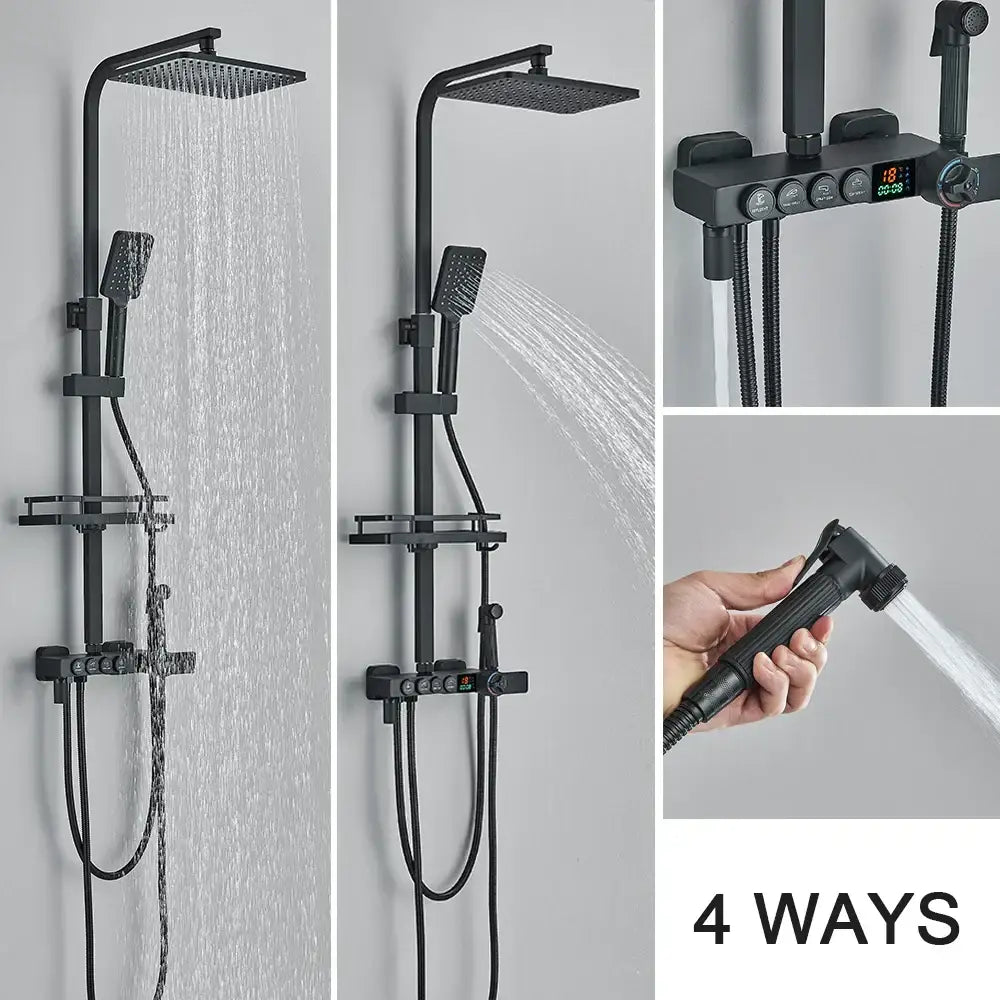 Modern black digital shower system with rainfall head and bidet – bathroom