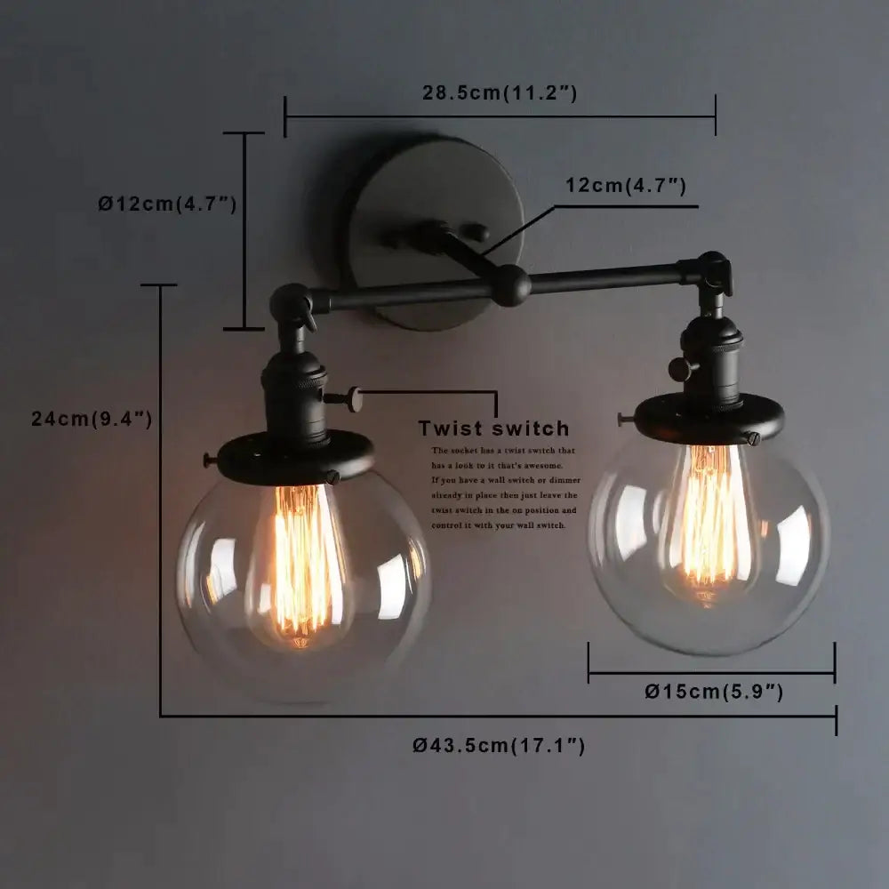 Modern black double ball heads globe glass wall sconce bedroom light
