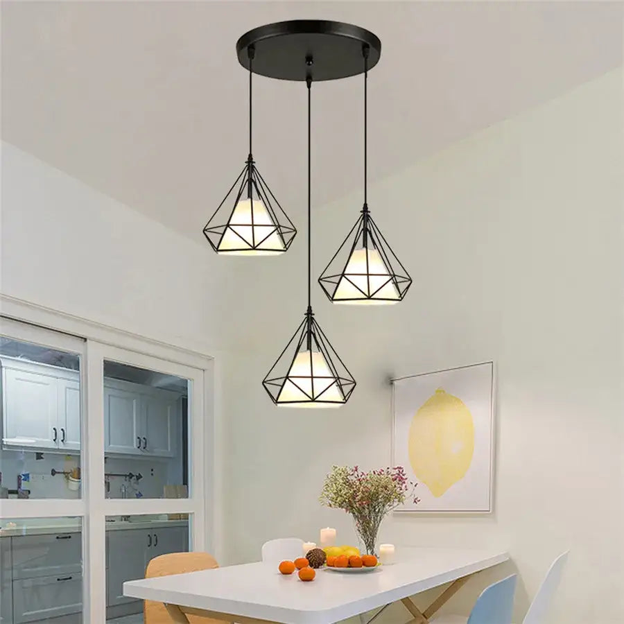 Modern black geometric diamond pendant lights trio for kitchen