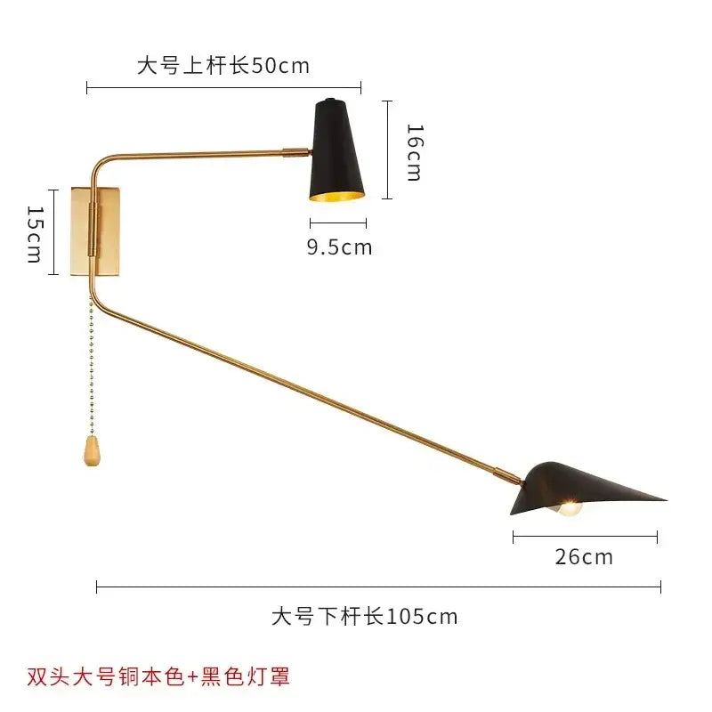 Modern black & gold adjustable double head wall lamp bedroom sconce