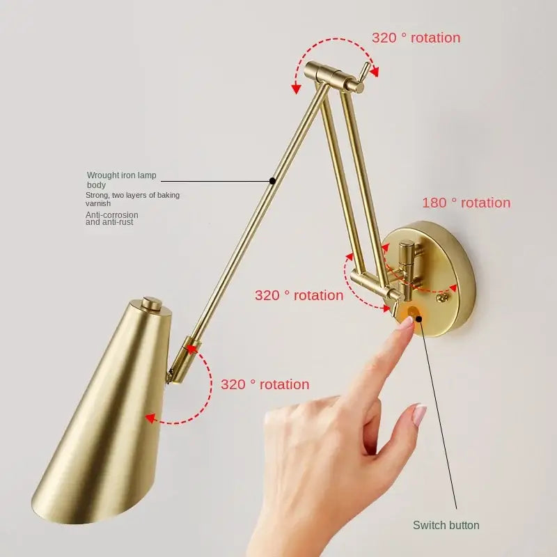 Modern black & gold adjustable swing arm wall lamp bedroom sconce