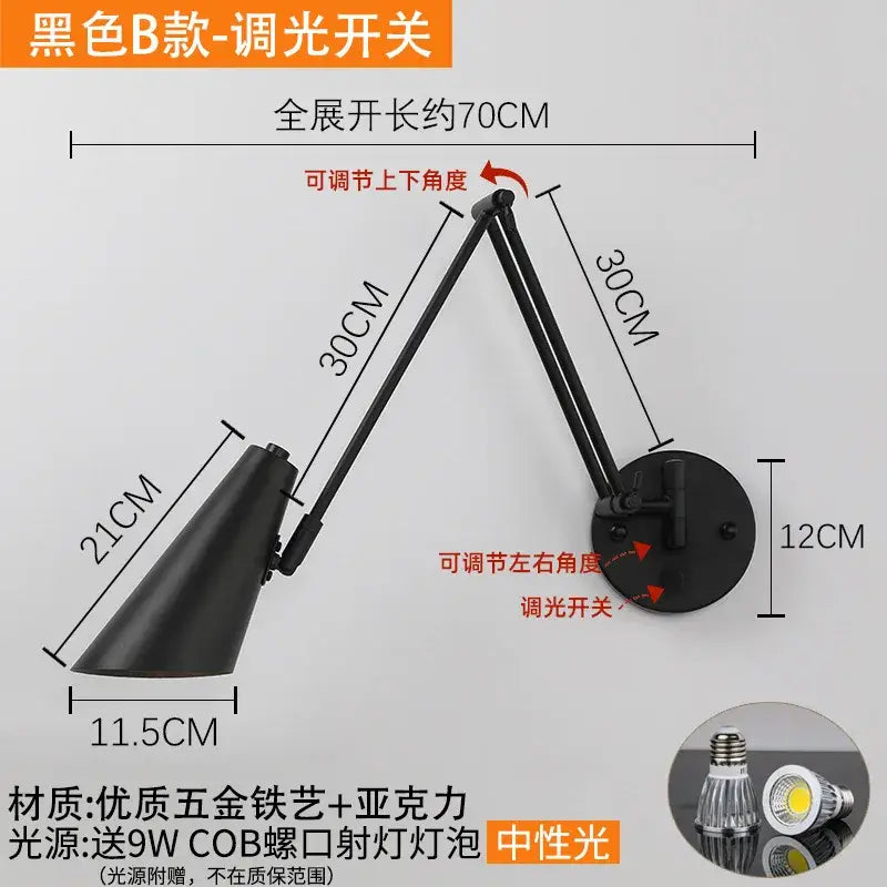 Modern black & gold adjustable swing arm wall lamp bedroom sconce