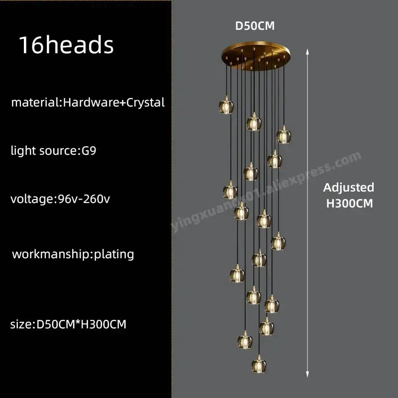 Modern black & gold crystal chandelier led staircase pendant light