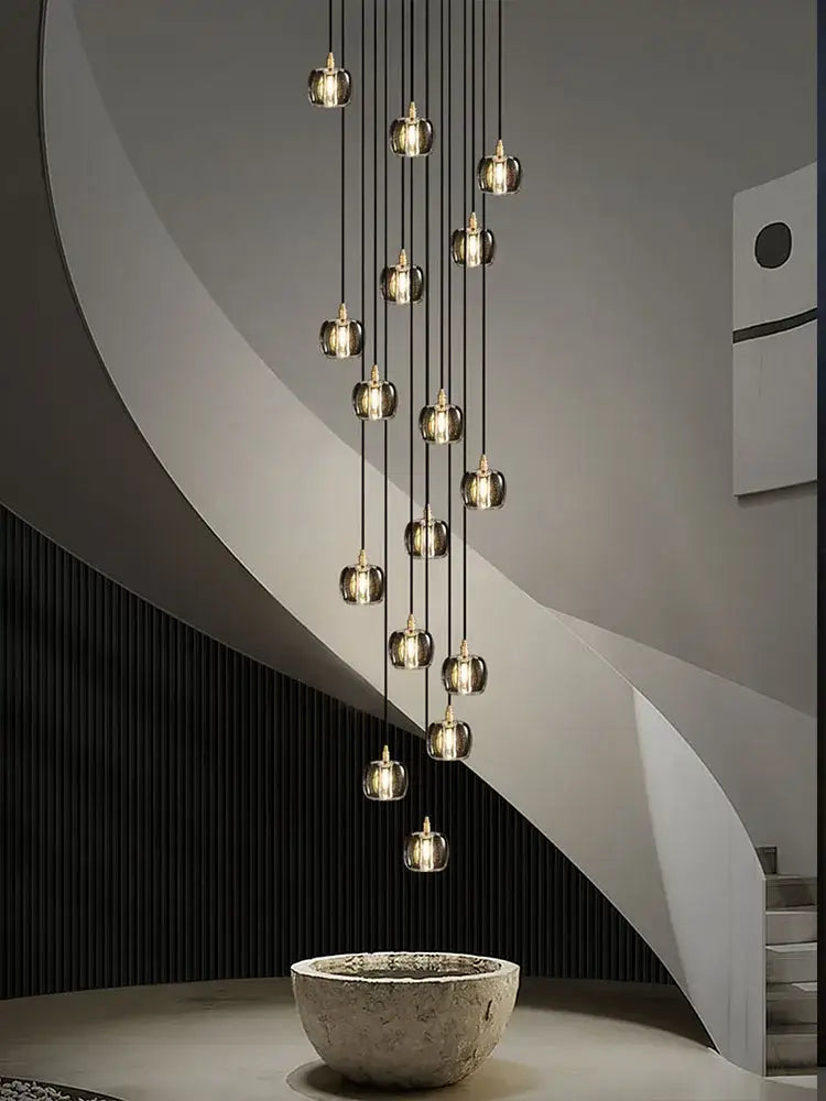 Modern black & gold crystal chandelier led staircase pendant light