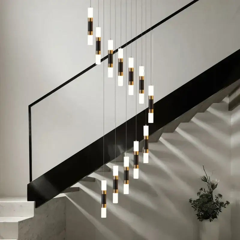 Modern black & gold crystal led chandelier staircase pendant light