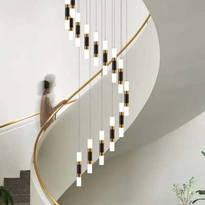 Modern black & gold crystal led chandelier staircase pendant light