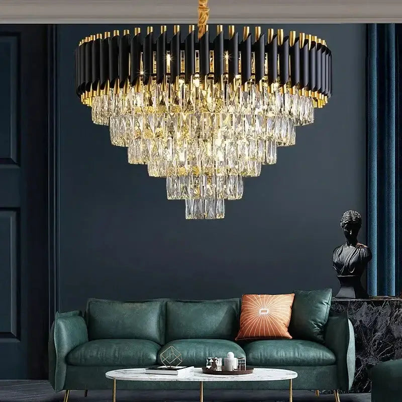 Modern black & gold crystal led pendant chandelier living room