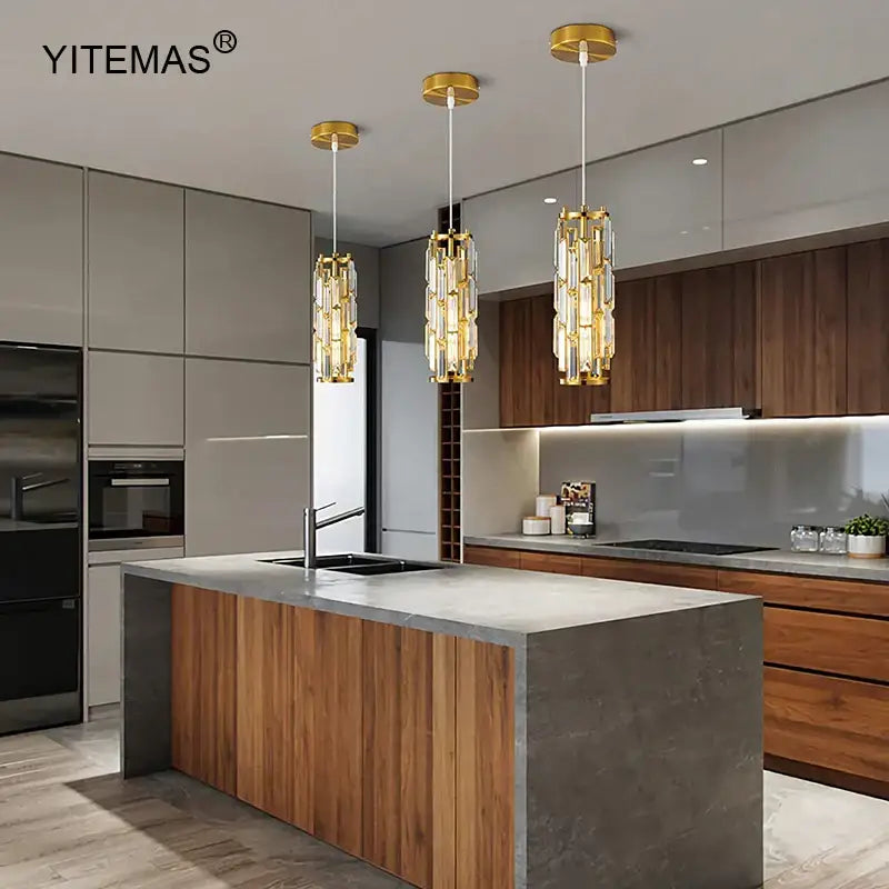 Modern black & gold crystal mini pendant chandelier – kitchen light