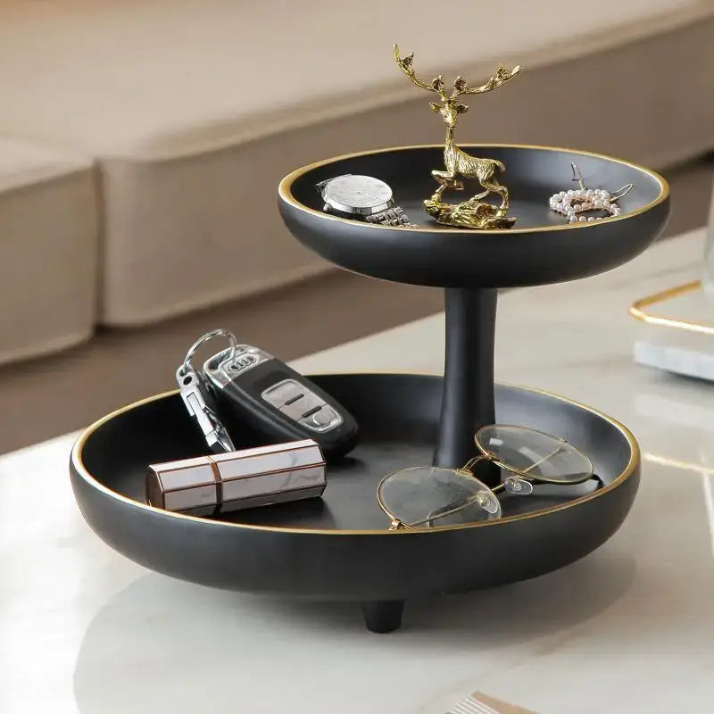 Modern black & gold double layer coffee table tray living room storage