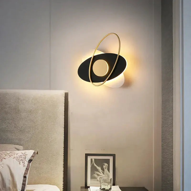 Modern black & gold orbital wall sconce light for living room